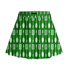 Green And White Kitchen Utensils Pattern Mini Flare Skirt by GardenOfOphir