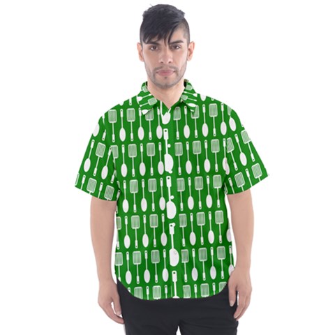 Green And White Kitchen Utensils Pattern Men s Short Sleeve Shirt by GardenOfOphir