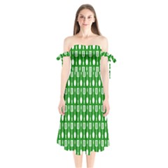 Green And White Kitchen Utensils Pattern Shoulder Tie Bardot Midi Dress by GardenOfOphir