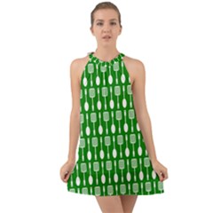 Green And White Kitchen Utensils Pattern Halter Tie Back Chiffon Dress by GardenOfOphir