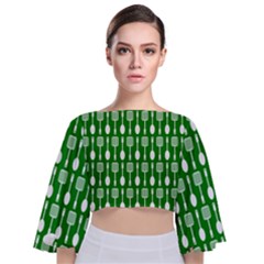 Green And White Kitchen Utensils Pattern Tie Back Butterfly Sleeve Chiffon Top by GardenOfOphir