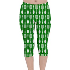 Green And White Kitchen Utensils Pattern Velvet Capri Leggings  by GardenOfOphir