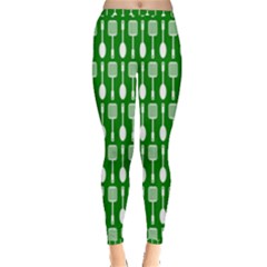 Green And White Kitchen Utensils Pattern Inside Out Leggings by GardenOfOphir