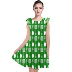 Green And White Kitchen Utensils Pattern Tie Up Tunic Dress by GardenOfOphir