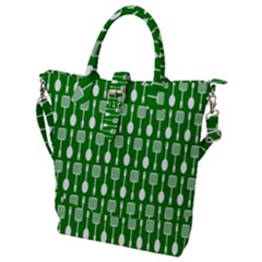 Green And White Kitchen Utensils Pattern Buckle Top Tote Bag by GardenOfOphir