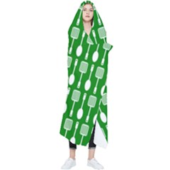 Green And White Kitchen Utensils Pattern Wearable Blanket by GardenOfOphir