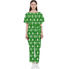 Green And White Kitchen Utensils Pattern Batwing Lightweight Chiffon Jumpsuit by GardenOfOphir