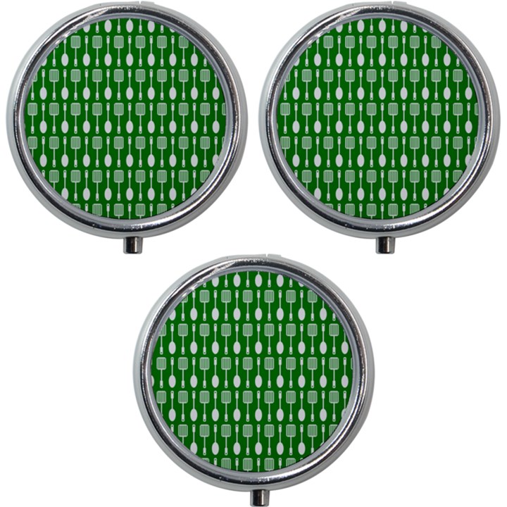 Green And White Kitchen Utensils Pattern Mini Round Pill Box (Pack of 3)