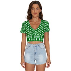 Green And White Kitchen Utensils Pattern V-neck Crop Top