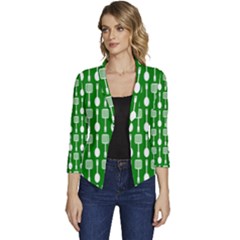 Green And White Kitchen Utensils Pattern Women s Casual 3/4 Sleeve Spring Jacket