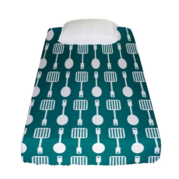 Teal And White Spatula Spoon Pattern Fitted Sheet (Single Size)