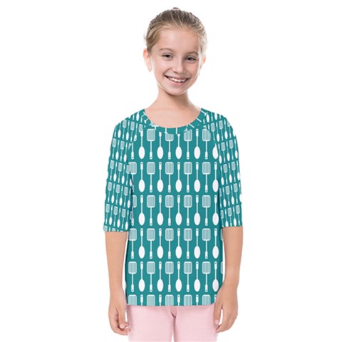 Teal And White Spatula Spoon Pattern Kids  Quarter Sleeve Raglan Tee by GardenOfOphir