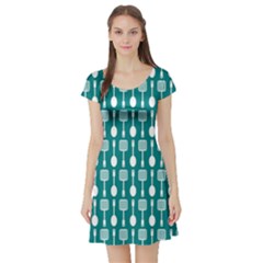 Teal And White Spatula Spoon Pattern Short Sleeve Skater Dress by GardenOfOphir