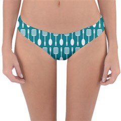 Teal And White Spatula Spoon Pattern Reversible Hipster Bikini Bottoms by GardenOfOphir