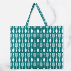 Teal And White Spatula Spoon Pattern Zipper Large Tote Bag by GardenOfOphir