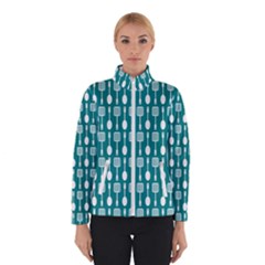 Teal And White Spatula Spoon Pattern Women s Bomber Jacket by GardenOfOphir