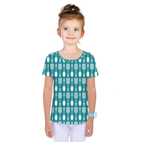 Teal And White Spatula Spoon Pattern Kids  One Piece Tee by GardenOfOphir