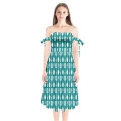 Teal And White Spatula Spoon Pattern Shoulder Tie Bardot Midi Dress by GardenOfOphir