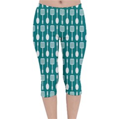 Teal And White Spatula Spoon Pattern Velvet Capri Leggings  by GardenOfOphir