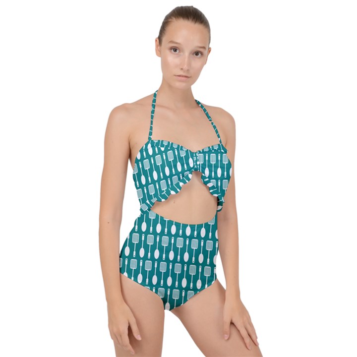 Teal And White Spatula Spoon Pattern Scallop Top Cut Out Swimsuit