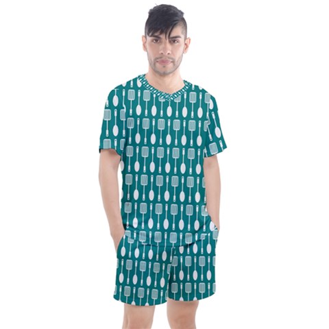 Teal And White Spatula Spoon Pattern Men s Mesh Tee And Shorts Set by GardenOfOphir