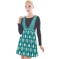 Teal And White Spatula Spoon Pattern Plunge Pinafore Velour Dress by GardenOfOphir