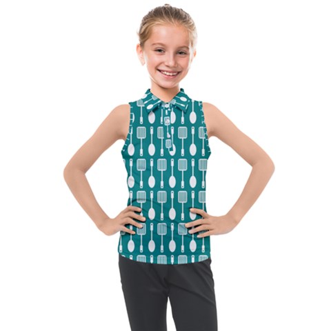 Teal And White Spatula Spoon Pattern Kids  Sleeveless Polo Tee by GardenOfOphir