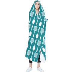 Teal And White Spatula Spoon Pattern Wearable Blanket by GardenOfOphir