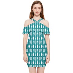 Teal And White Spatula Spoon Pattern Shoulder Frill Bodycon Summer Dress by GardenOfOphir