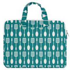 Teal And White Spatula Spoon Pattern Macbook Pro 13  Double Pocket Laptop Bag by GardenOfOphir