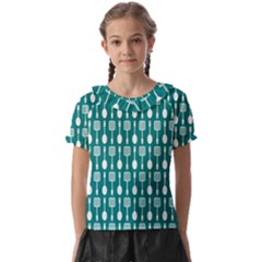 Teal And White Spatula Spoon Pattern Kids  Frill Chiffon Blouse by GardenOfOphir