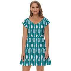 Teal And White Spatula Spoon Pattern Short Sleeve Tiered Mini Dress by GardenOfOphir