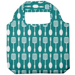 Teal And White Spatula Spoon Pattern Foldable Grocery Recycle Bag by GardenOfOphir