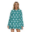 Teal And White Spatula Spoon Pattern Round Neck Long Sleeve Bohemian Style Chiffon Mini Dress View1