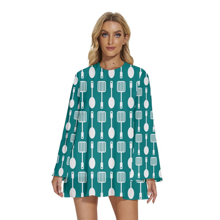 Teal And White Spatula Spoon Pattern Round Neck Long Sleeve Bohemian Style Chiffon Mini Dress