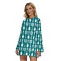 Teal And White Spatula Spoon Pattern Round Neck Long Sleeve Bohemian Style Chiffon Mini Dress View2