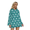 Teal And White Spatula Spoon Pattern Round Neck Long Sleeve Bohemian Style Chiffon Mini Dress View3