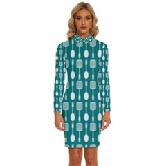 Teal And White Spatula Spoon Pattern Long Sleeve Shirt Collar Bodycon Dress by GardenOfOphir