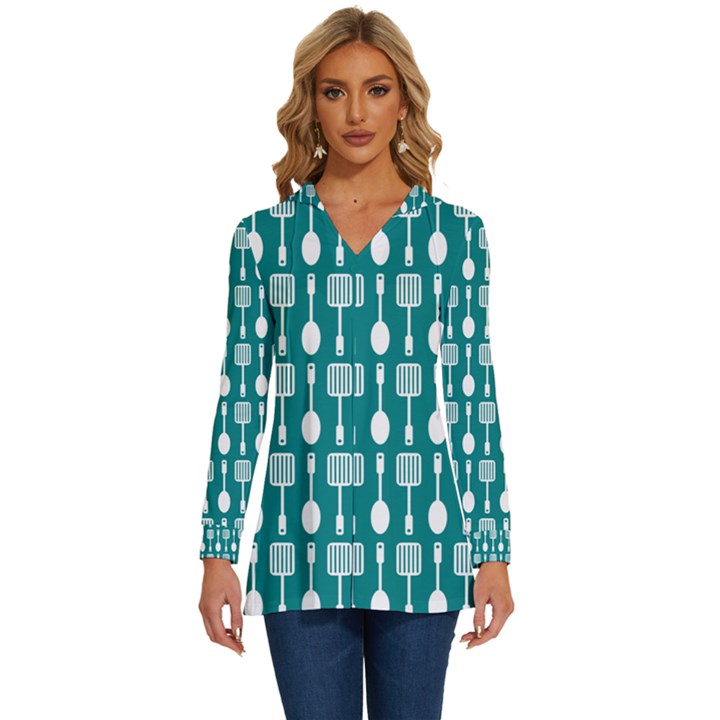 Teal And White Spatula Spoon Pattern Long Sleeve Drawstring Hooded Top