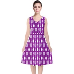 Magenta Spatula Spoon Pattern V-neck Midi Sleeveless Dress  by GardenOfOphir