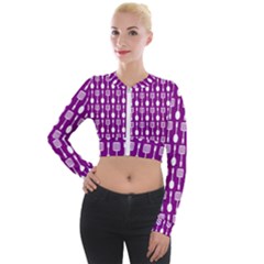 Magenta Spatula Spoon Pattern Long Sleeve Cropped Velvet Jacket by GardenOfOphir