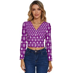 Magenta Spatula Spoon Pattern Long Sleeve V-neck Top by GardenOfOphir