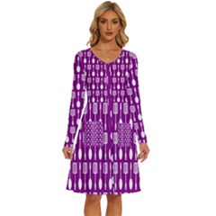 Magenta Spatula Spoon Pattern Long Sleeve Dress With Pocket by GardenOfOphir