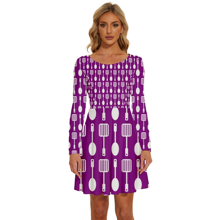 Magenta Spatula Spoon Pattern Long Sleeve Wide Neck Velvet Dress