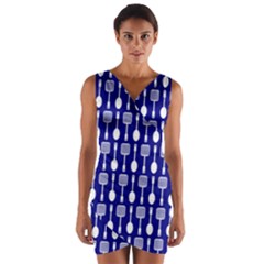 Indigo Spatula Spoon Pattern Wrap Front Bodycon Dress by GardenOfOphir