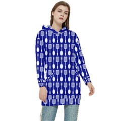 Indigo Spatula Spoon Pattern Women s Long Oversized Pullover Hoodie by GardenOfOphir