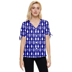 Indigo Spatula Spoon Pattern Bow Sleeve Button Up Top by GardenOfOphir