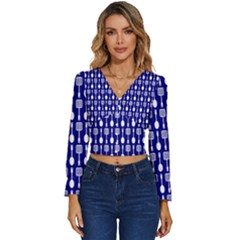 Indigo Spatula Spoon Pattern Long Sleeve V-neck Top by GardenOfOphir