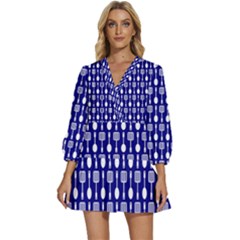 Indigo Spatula Spoon Pattern V-neck Placket Mini Dress by GardenOfOphir