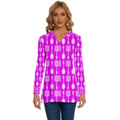 Purple Spatula Spoon Pattern Long Sleeve Drawstring Hooded Top